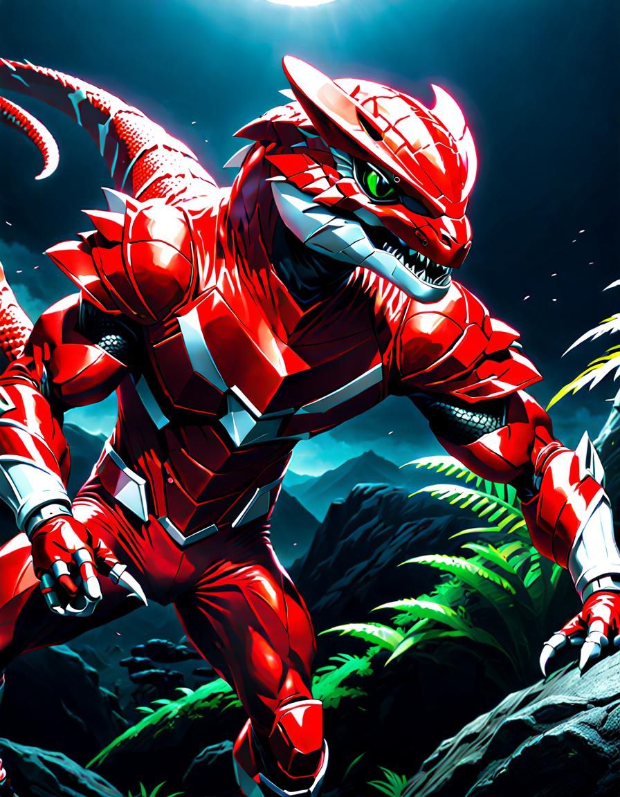 Red Power Ranger as Komodo Dragon: Detailed Composition