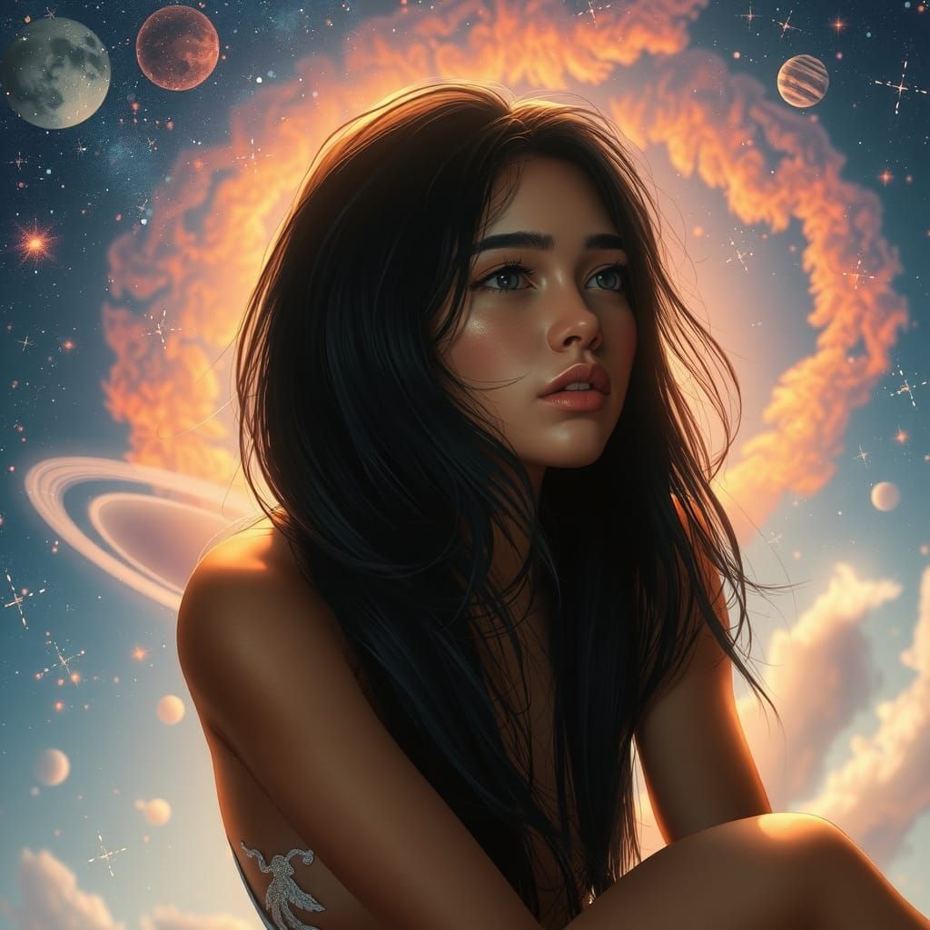 Dreamy Girl in Ethereal Space Nebula