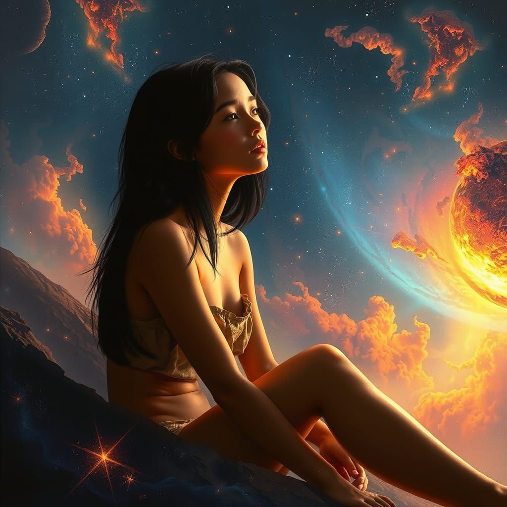 Girl in Celestial Dreamscape: Photorealistic Concept Art