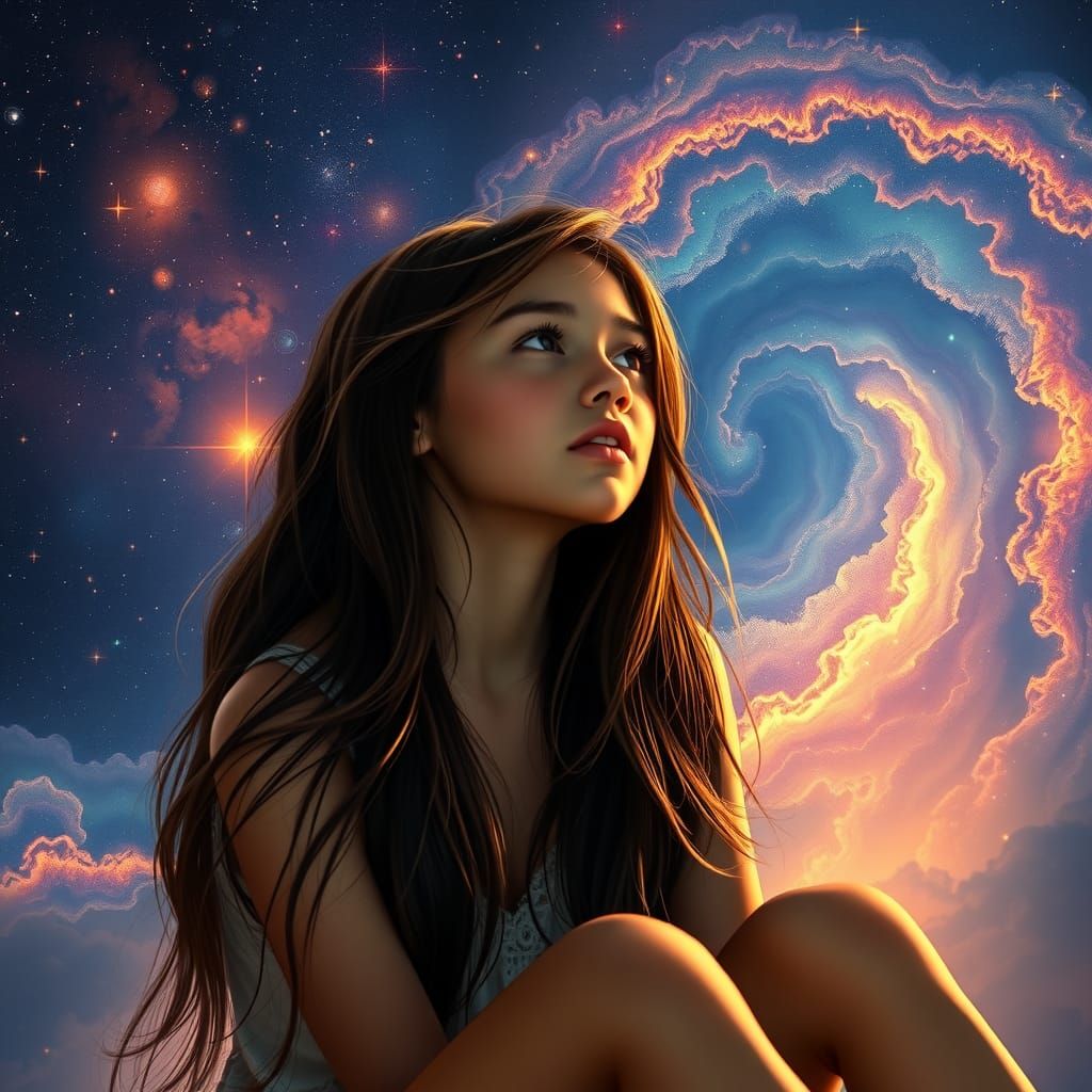 Celestial Dreamscape: Girl in a Starry Reverie