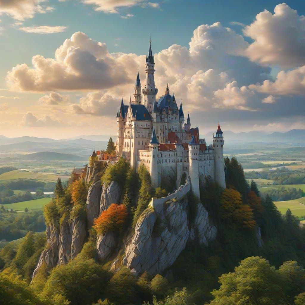 Fantasy Castle on Majestic Mountain with Whimsical Dragons