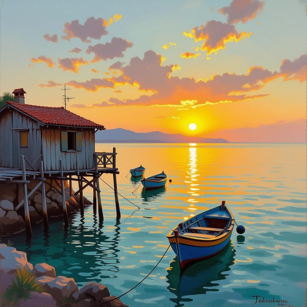 Trabocchi Fishing at Sunset in Impressionist Style