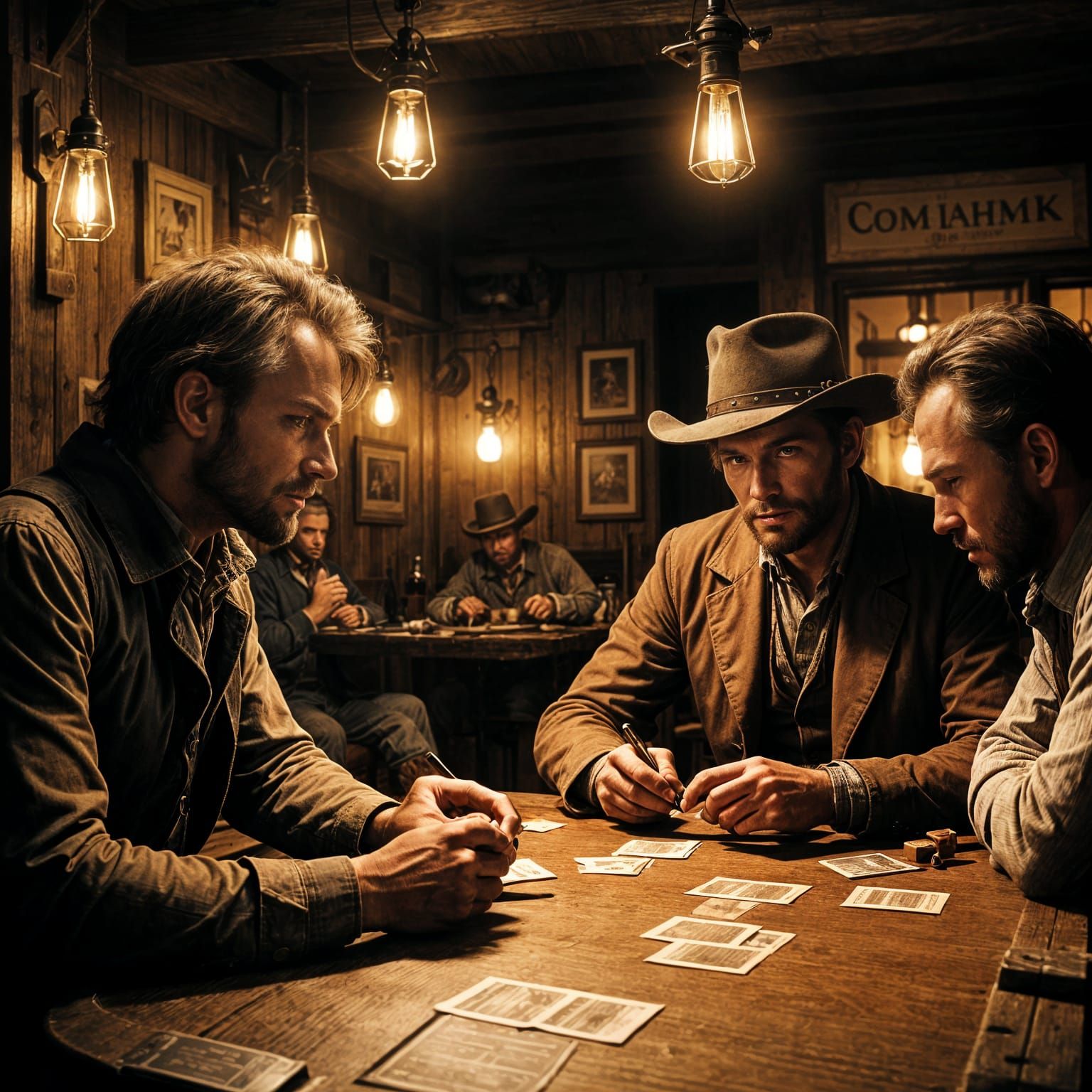 Cowboys Gather in a Smoky 1800s Saloon Under Cinematic Light...