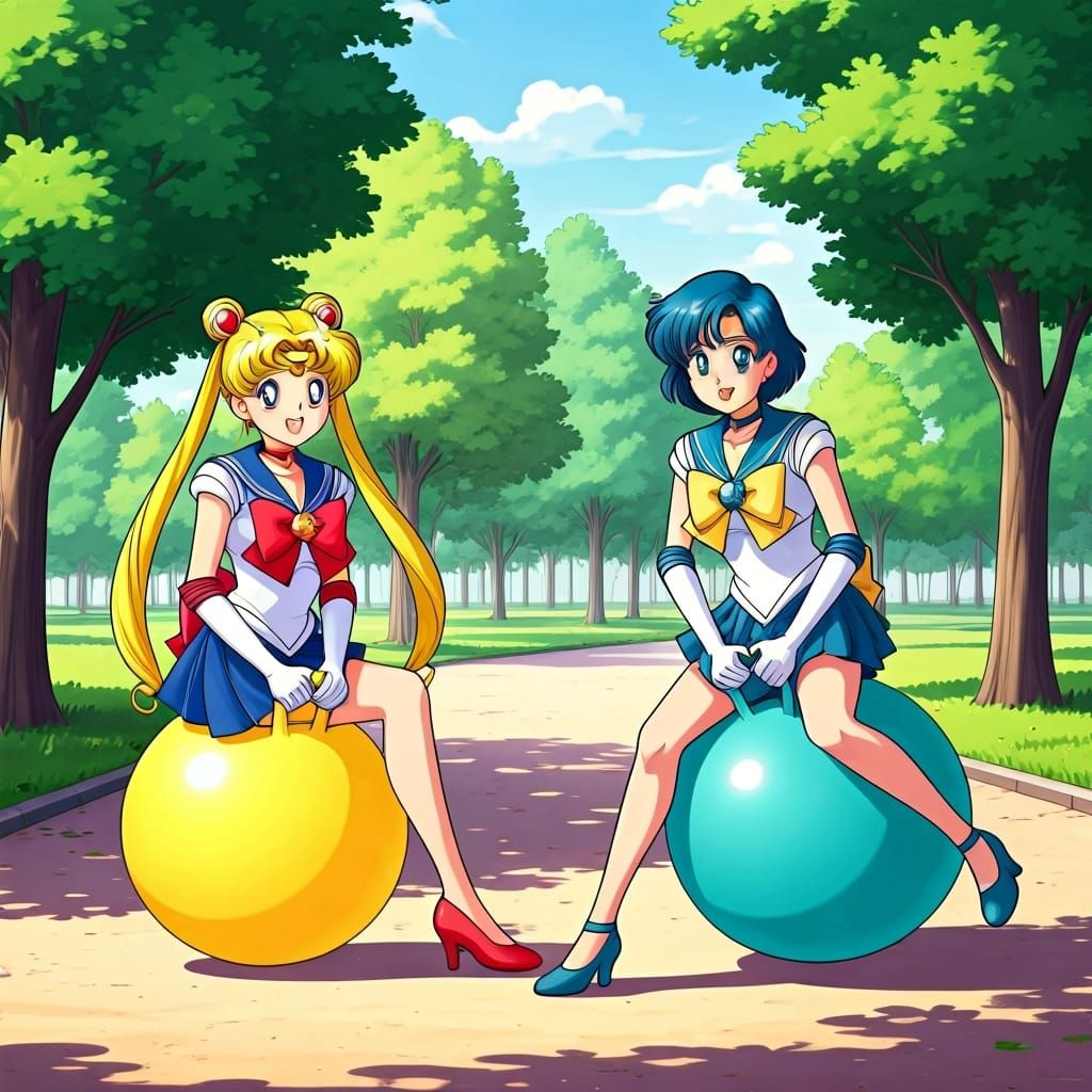 Sailor Moon and Mercury on Hopper Balls in Park