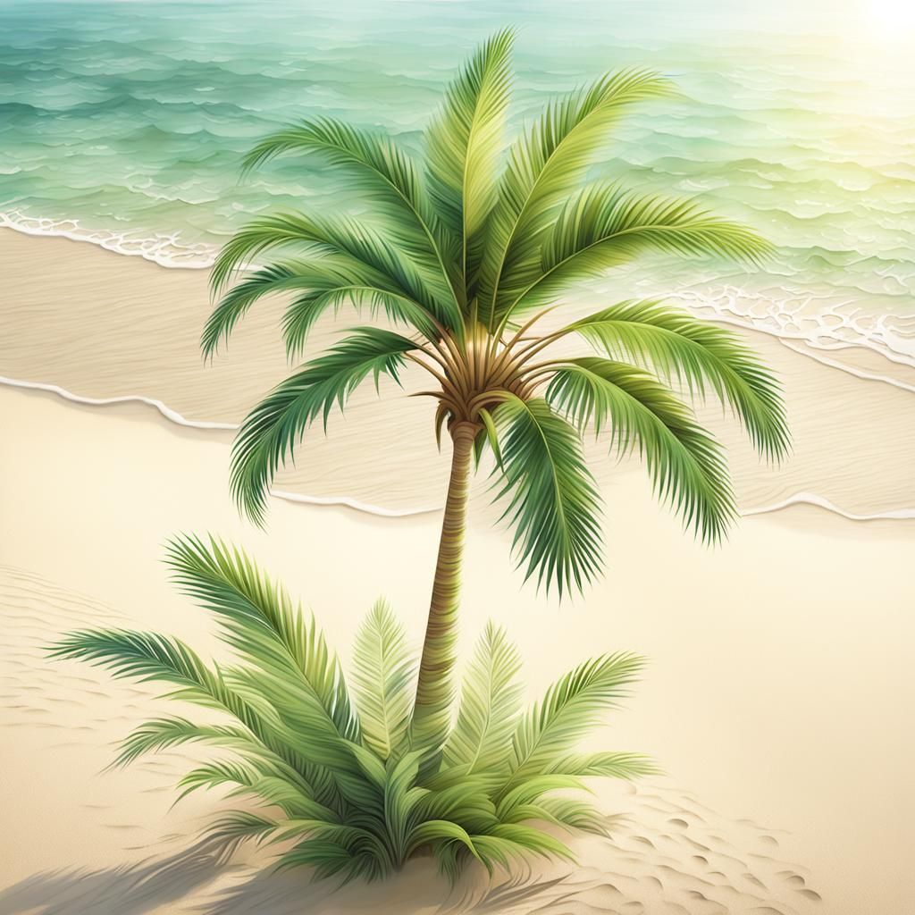 Palm Tree Swaying in Golden Light, Watercolor Style