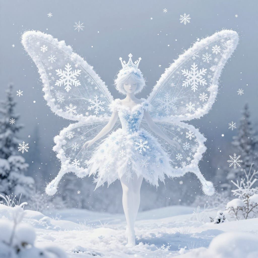 Winter Fairy Made of Snowflakes in Snowy Landscape