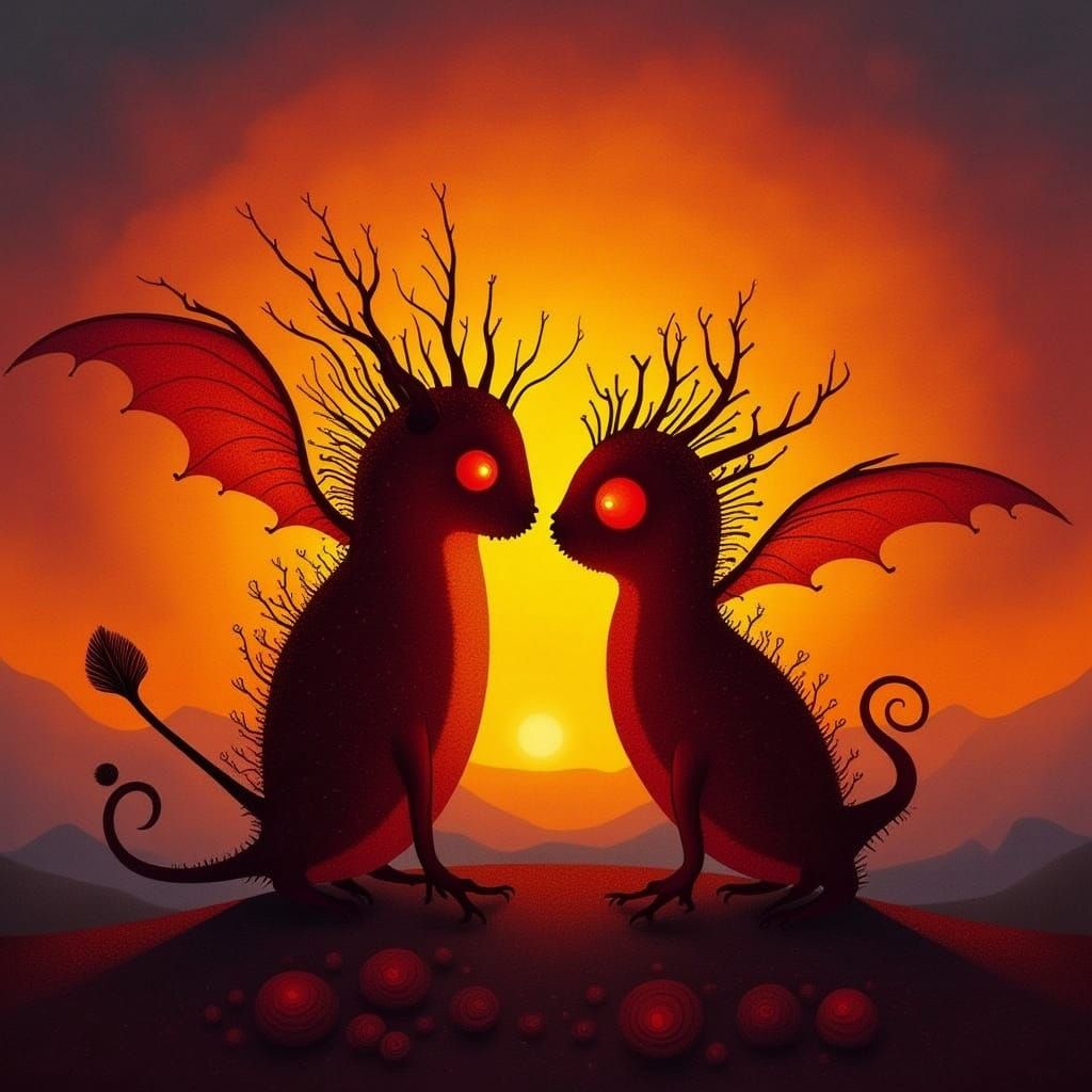 Demonic Lava Couple Embrace at Fiery Sunset
