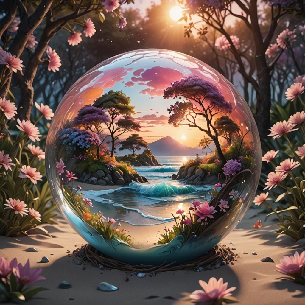 Pastel Sunset Beach Scene in Glass Ball