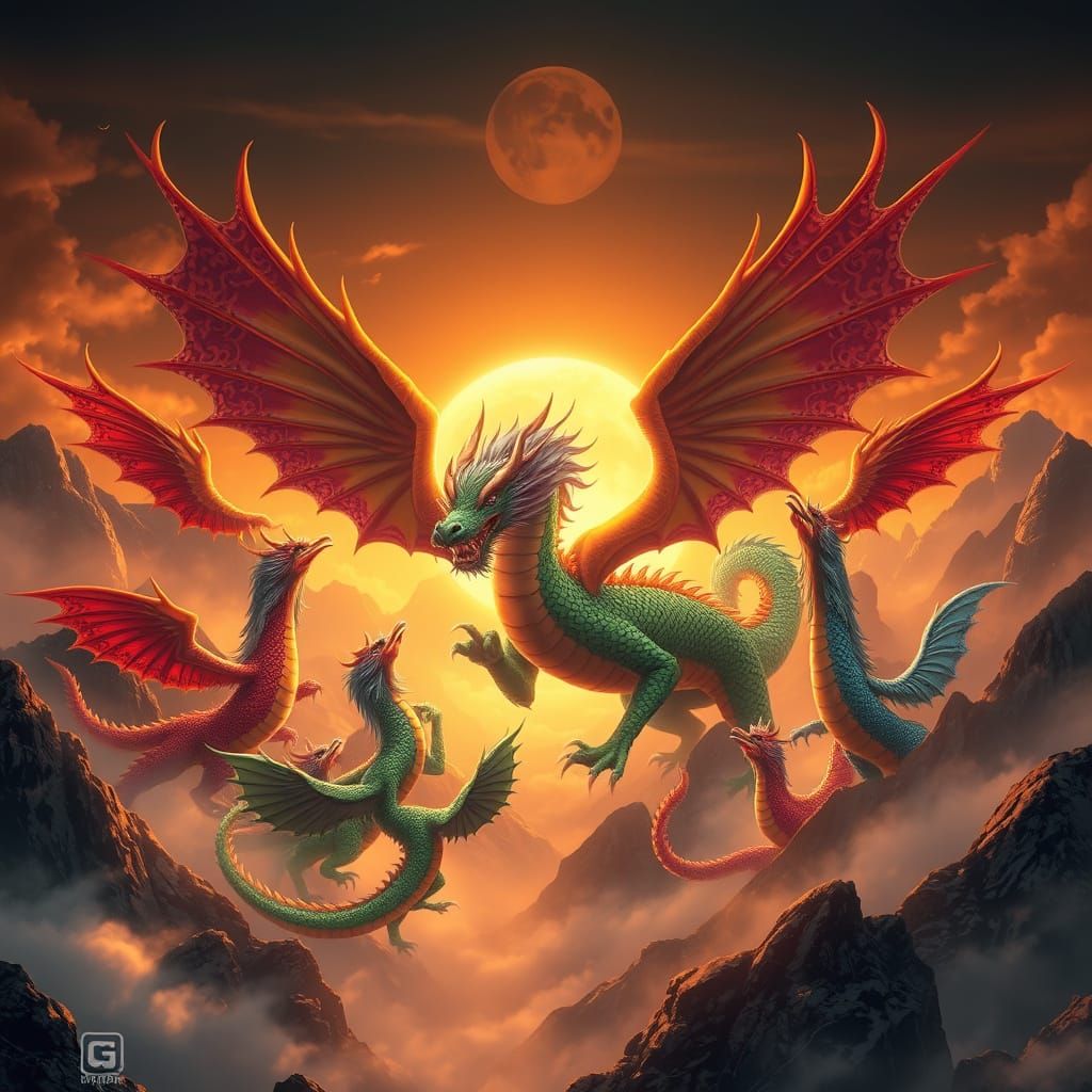 Majestic Chinese Dragons in Mythical Landscape