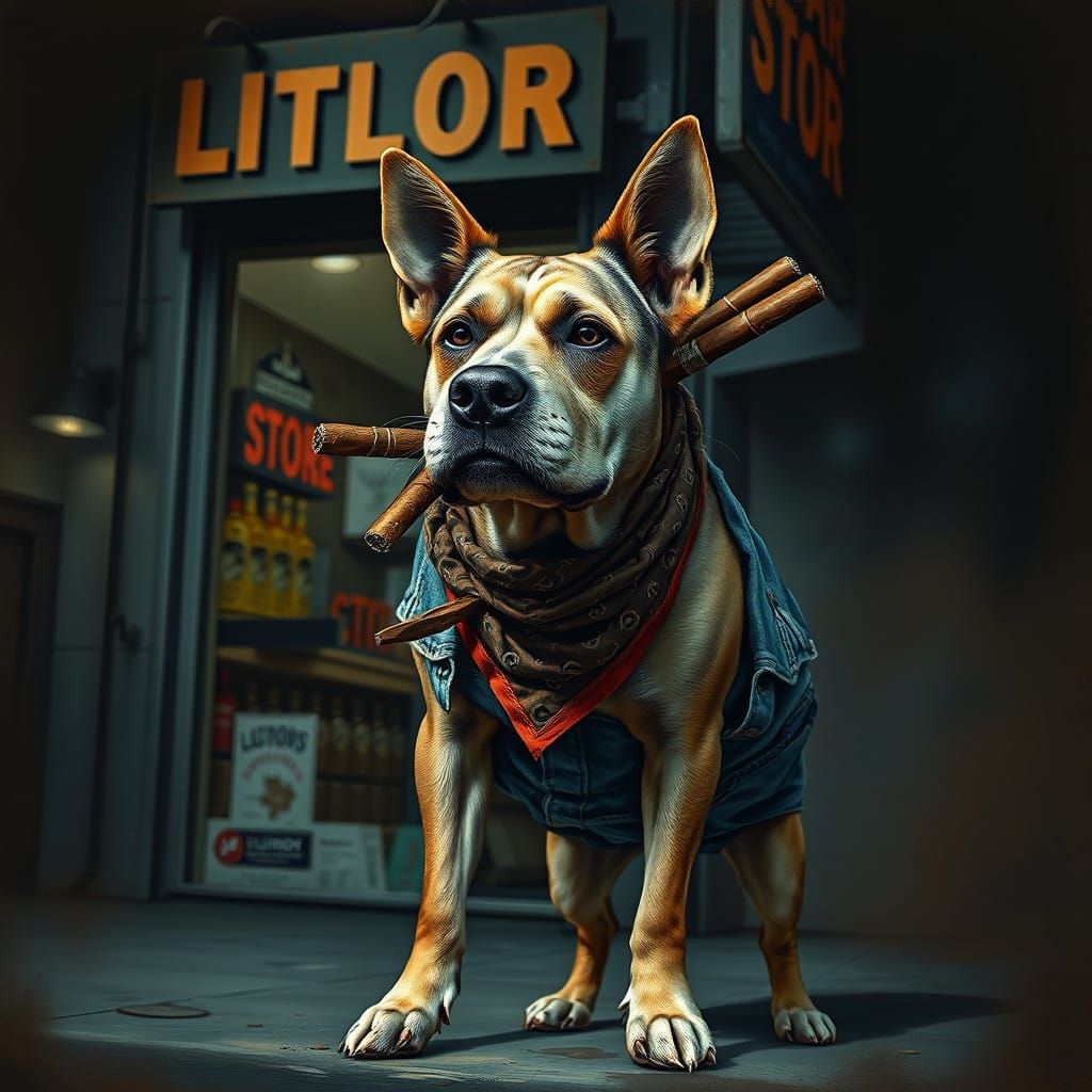 Rugged Denim Dog Outside Liquor Store, Smoking Cigar