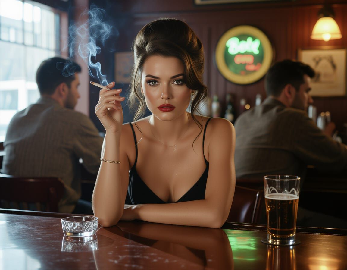 Pensive Woman at Bar, Moody Lighting, Vintage Film Style