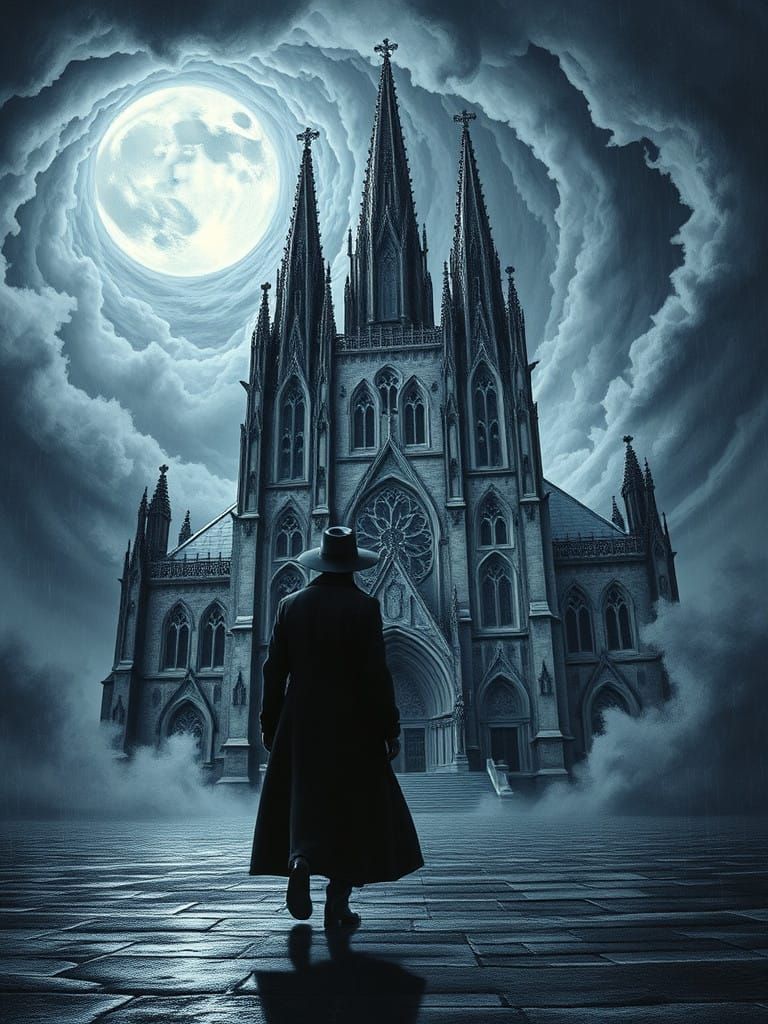 Mysterious Traveler Approaches Ancient Cathedral in Stormy N...