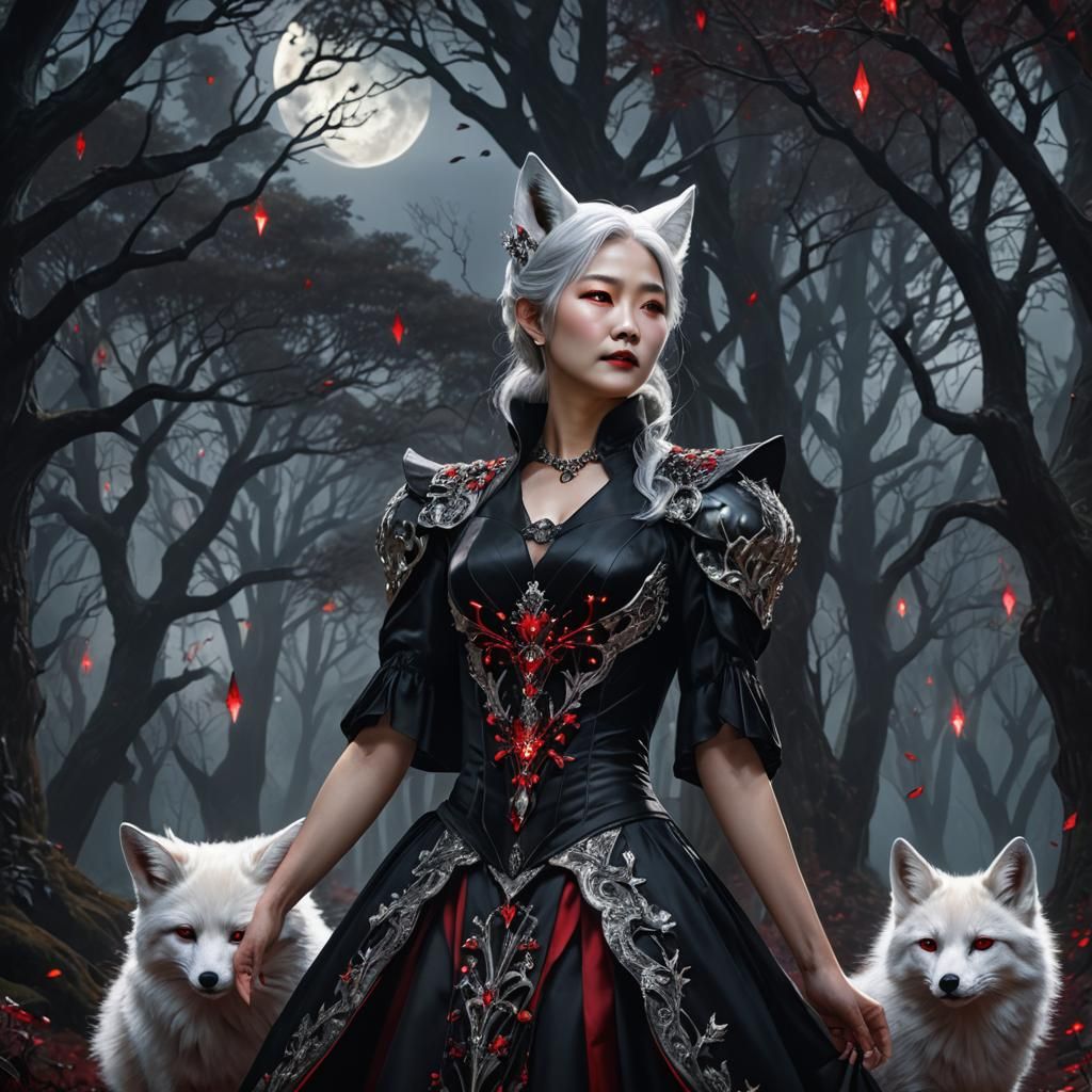 Vampire Queen with Fox Ears in Mystical Forest