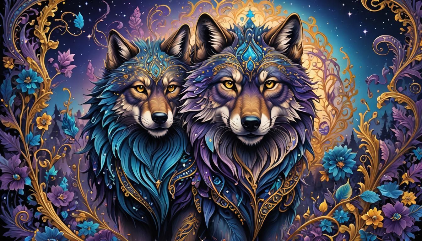 Paisley Tattooed Wolf in Night Forest, Surreal Digital Art