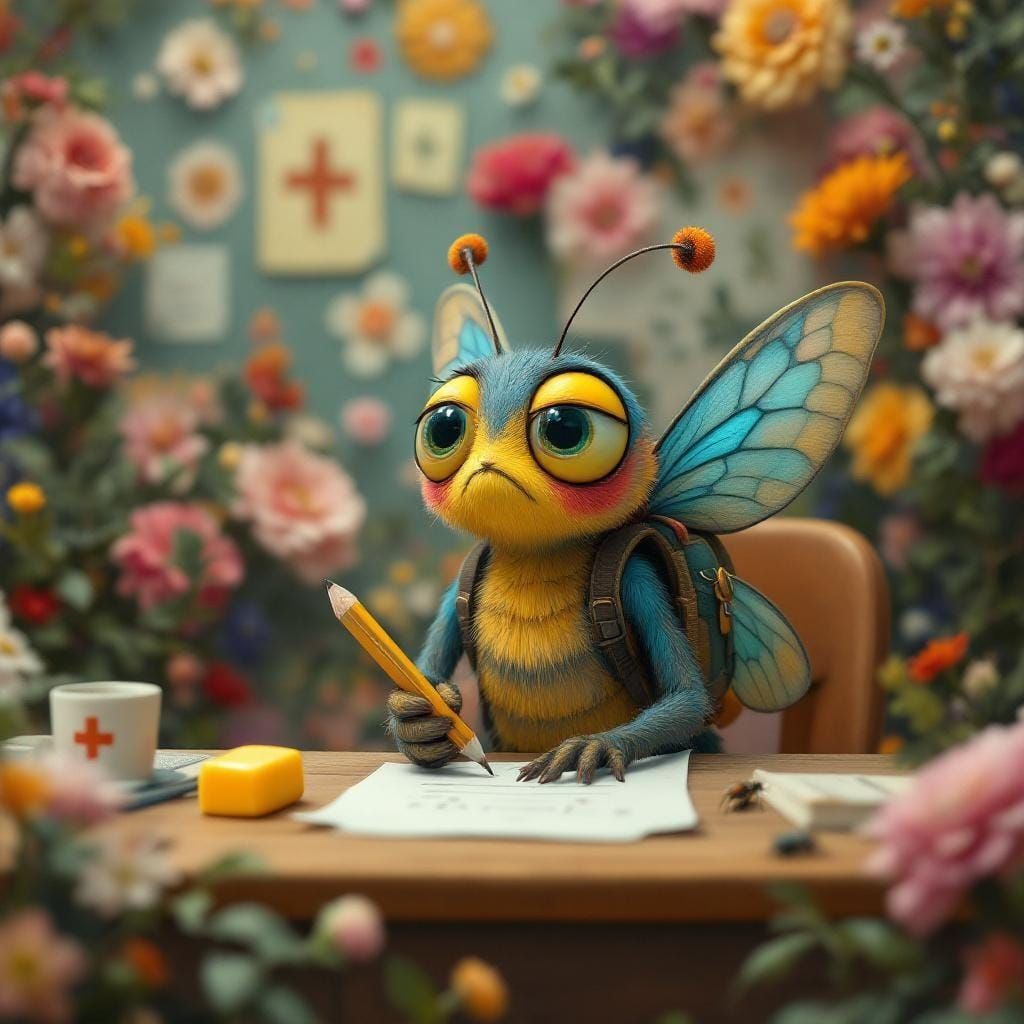 Confused Butterfly Character Taking a Test in Matte Painting...