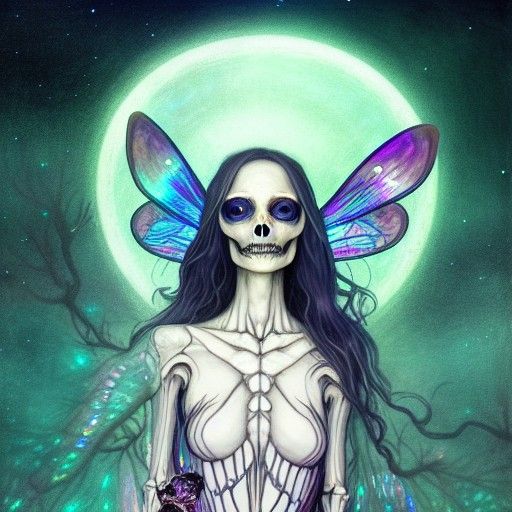 Skeleton Fae with Iridescent Wings in Night Sky