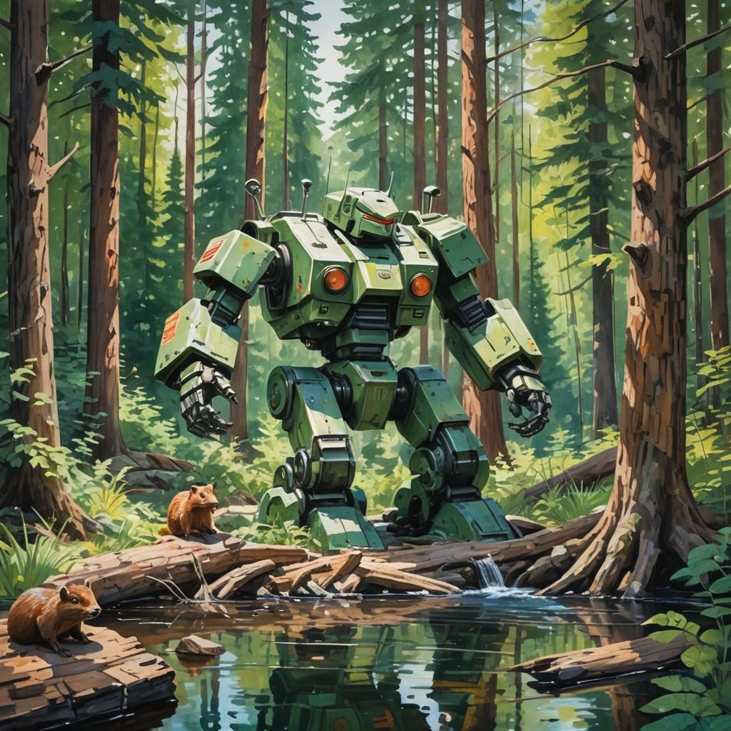 Robot Helps Beavers: Gouache Watercolor Impressionist Master...