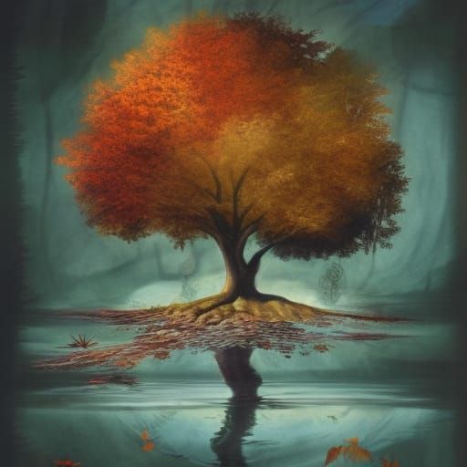 Detailed Ink Autumn Tree Reflection, Leonardo Style