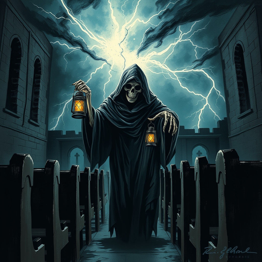 Ghostly Skeleton Haunts Ruined Church in Lightning Storm