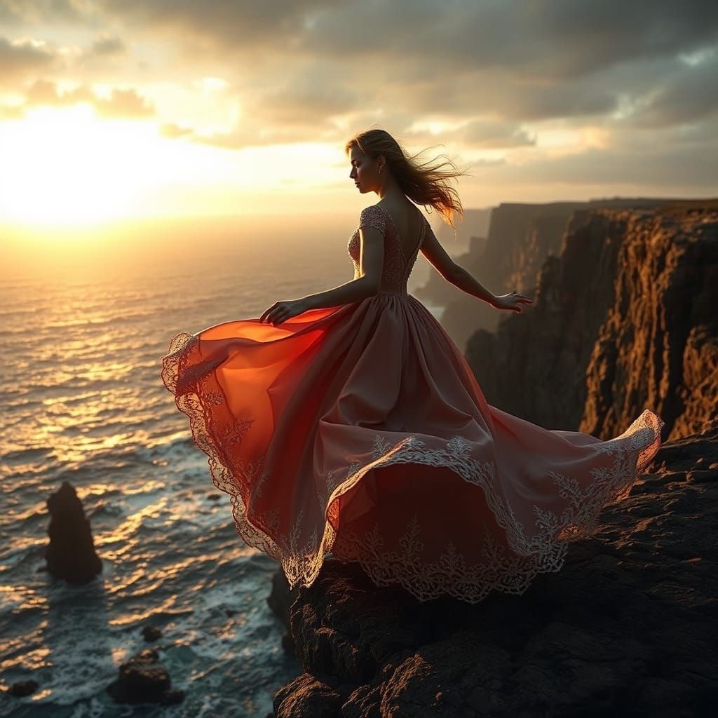 Girl in Silk Gown Dancing on Cliff