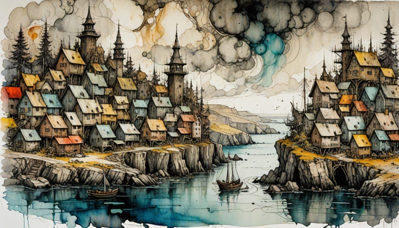 Whimsical Coastal Village in Pastel Hues