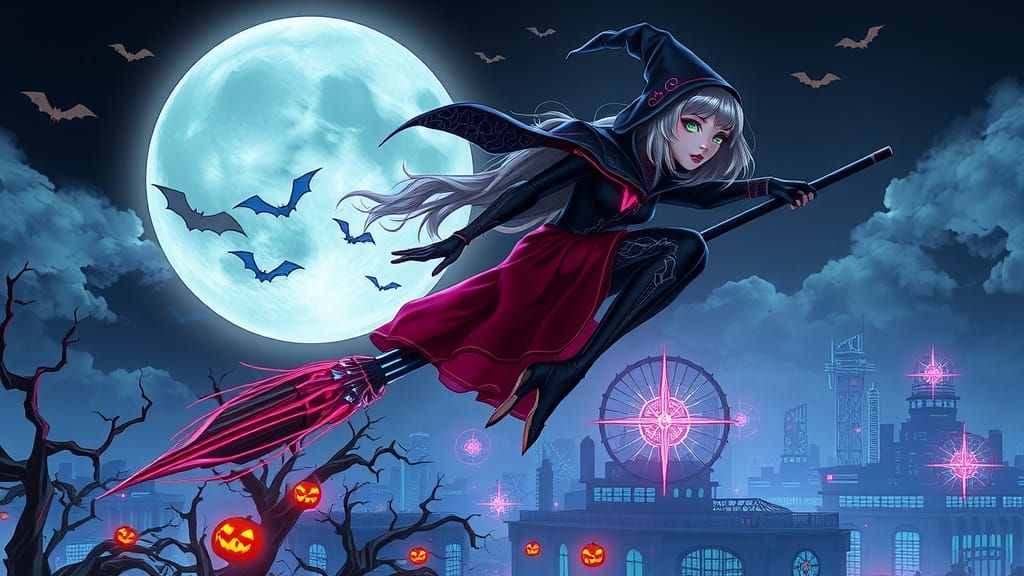 Futuristic Witch Rides Broomstick Under Cyberpunk Moon