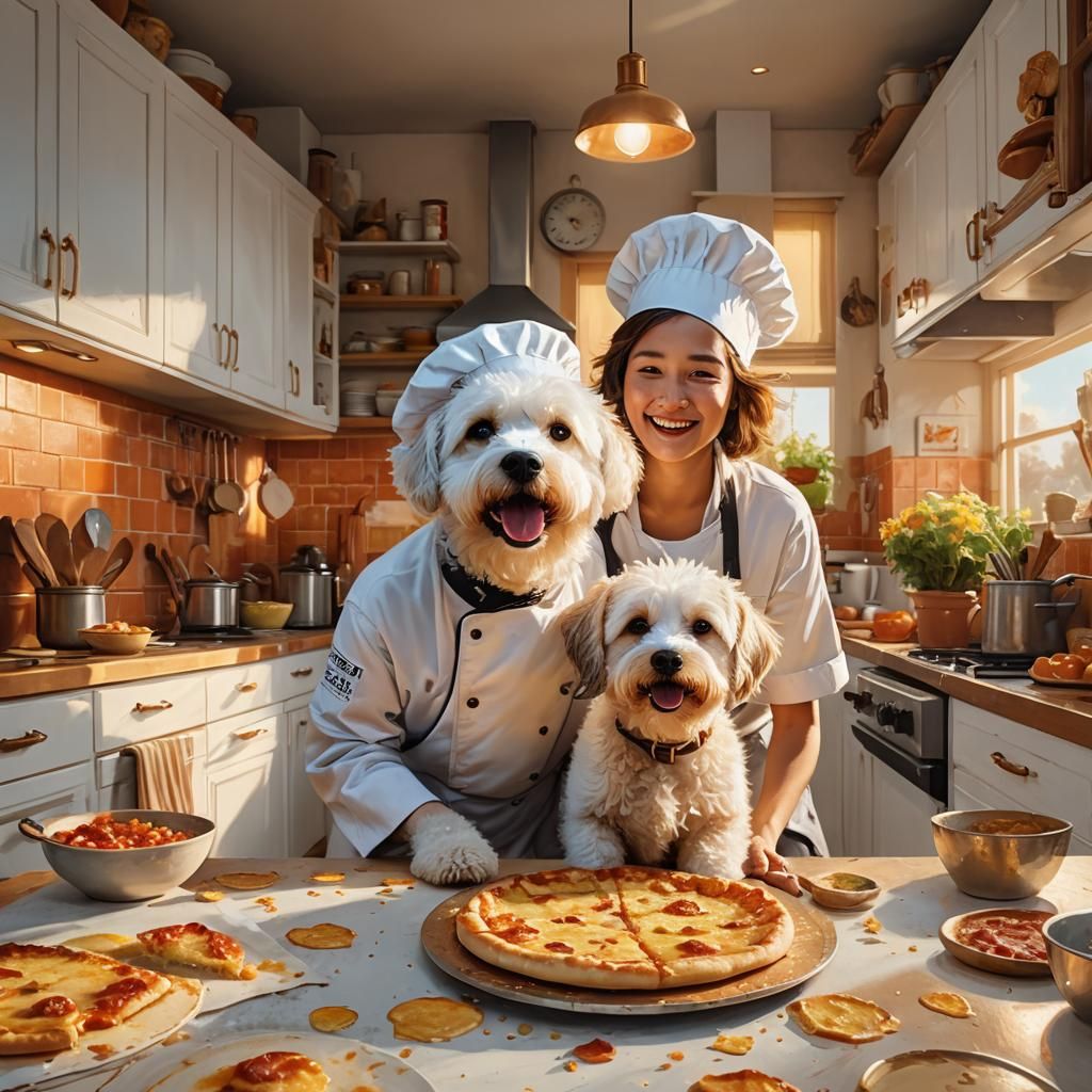 Bishon Frise Chef Offers Pizza: Digital Art