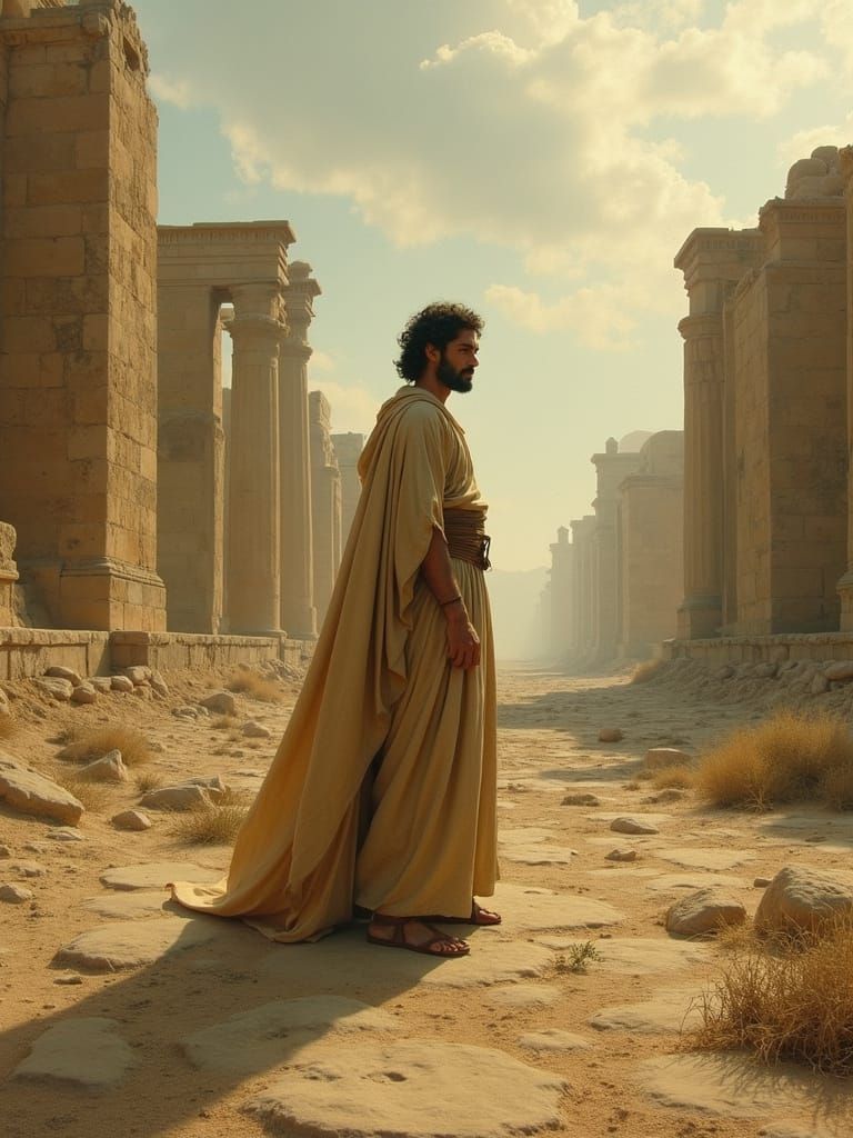 Man in Earth-Toned Robes Standing in Ancient Ruins at Sunset