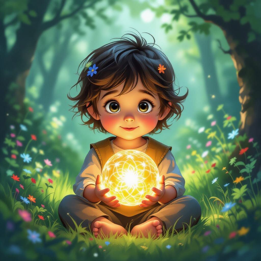 Child Holds Magical Orb in Enchanted Forest Storybook Style