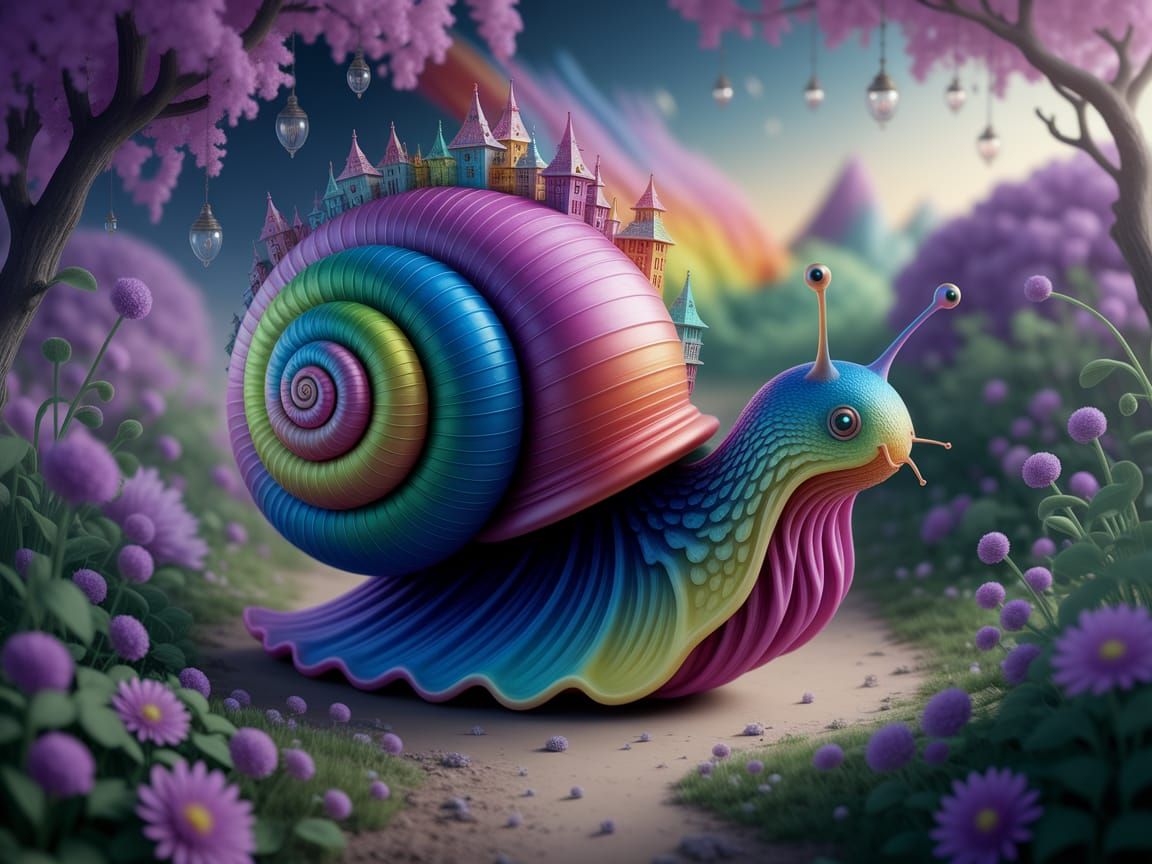 Whimsical Rainbow Snail in Enchanted Fantasy Landscape