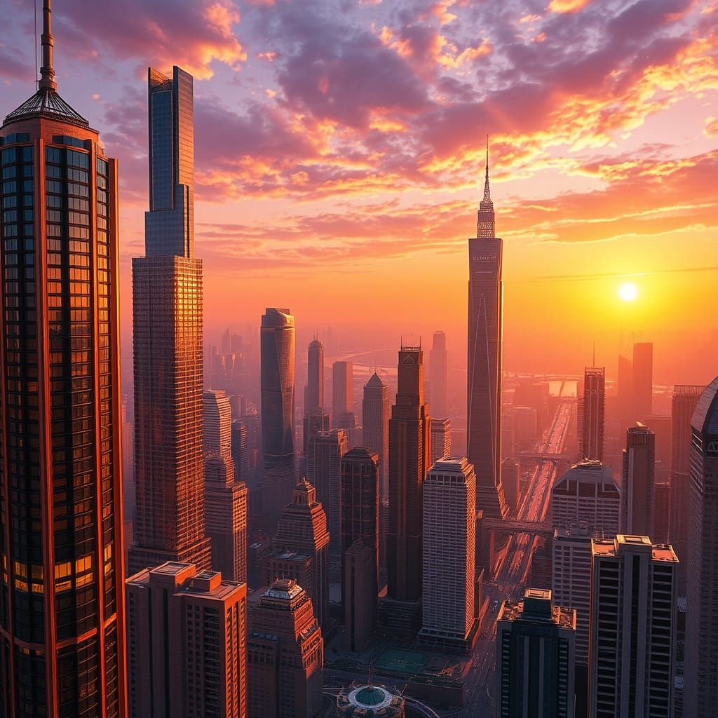 Utopian Golden Cityscape at Sunset in Futuristic Style