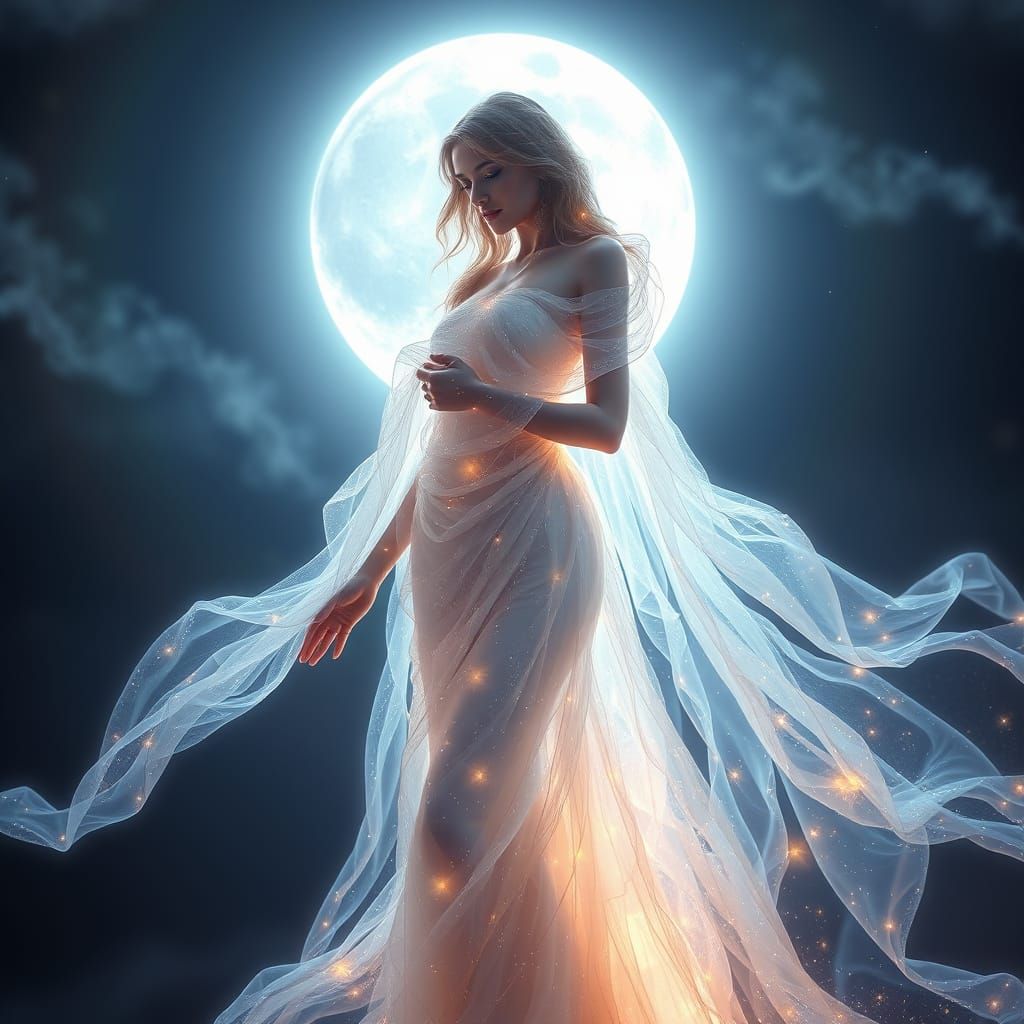 Ethereal Lunar Goddess in Shimmering Moonlight Gown