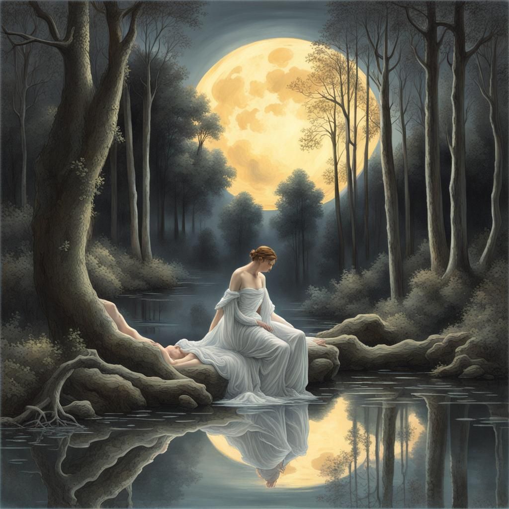 Mystical Moonlit Encounter: Knight and the Bathing Maidens