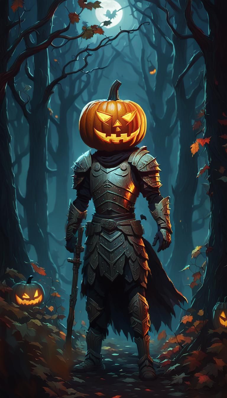 Pumpkin Head Warrior in Dark Forest: Digital Art