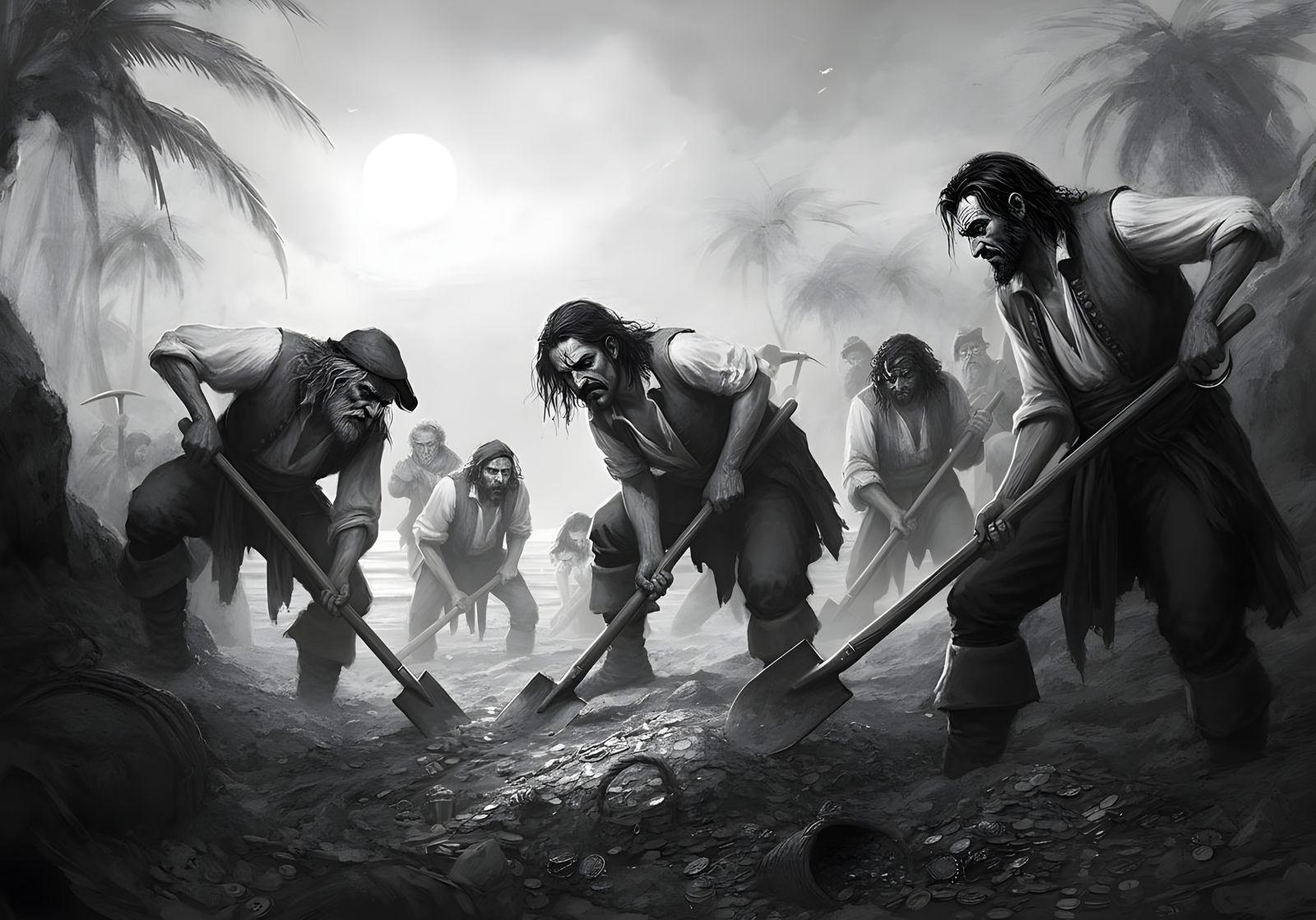 Pirates Digging for Treasure: Grim Fantasy Pencil Sketch