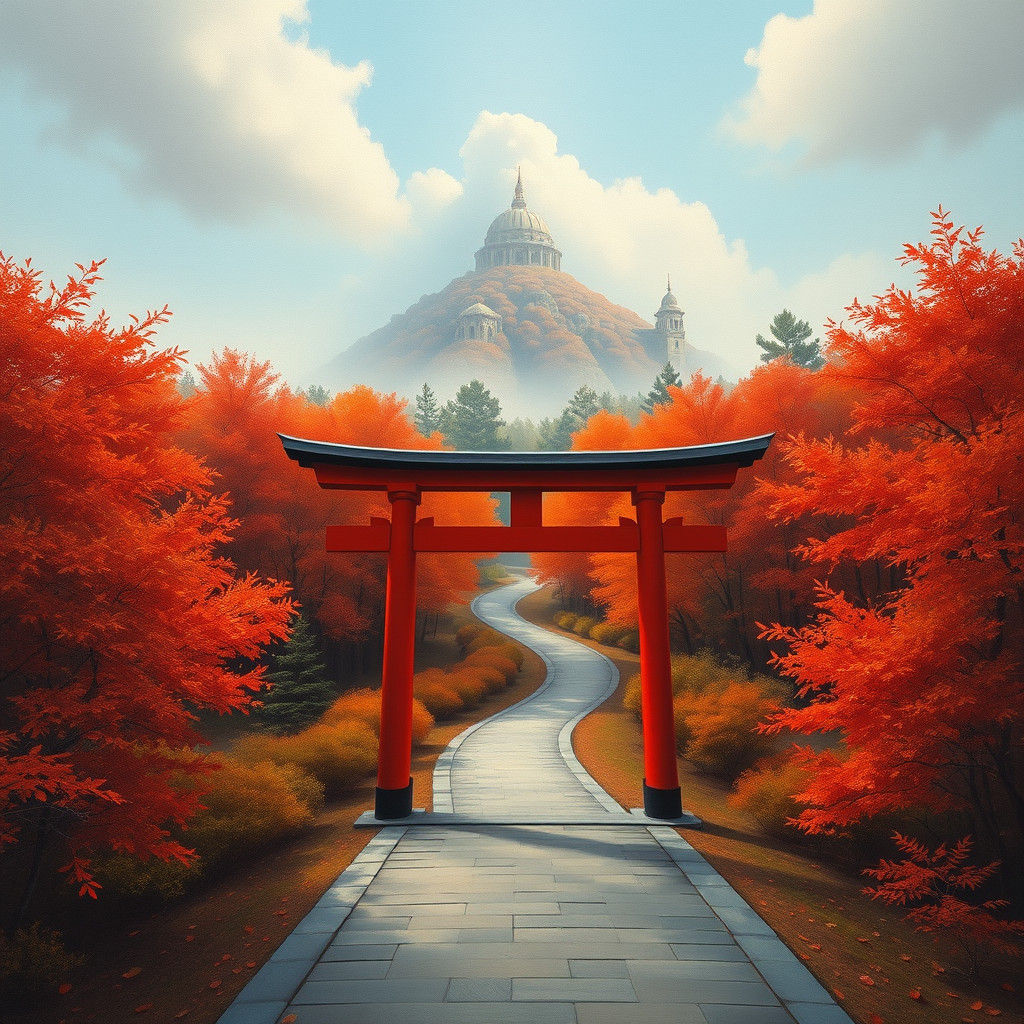 Mystical Japanese Autumn Landscape with Floating Domain