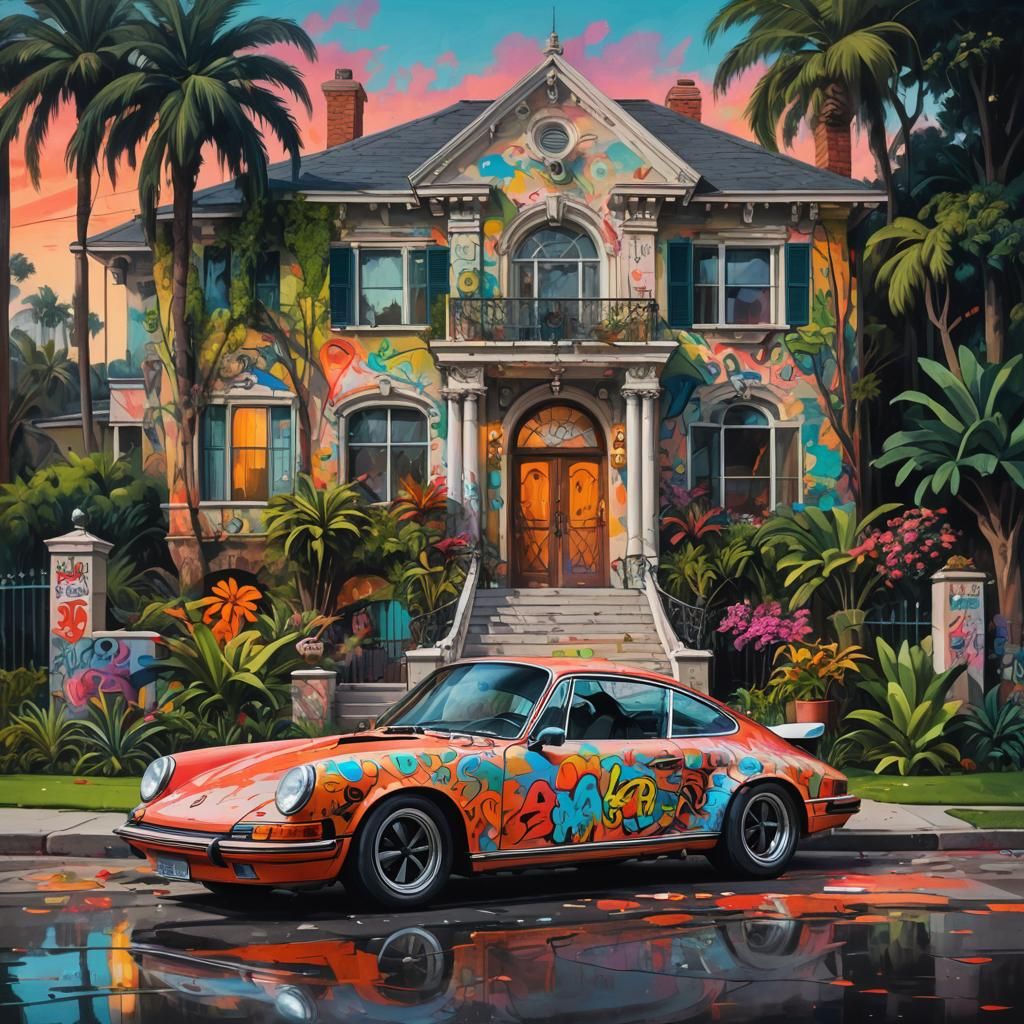 Beverly Hills Mansion with Porsche in Graffiti Art