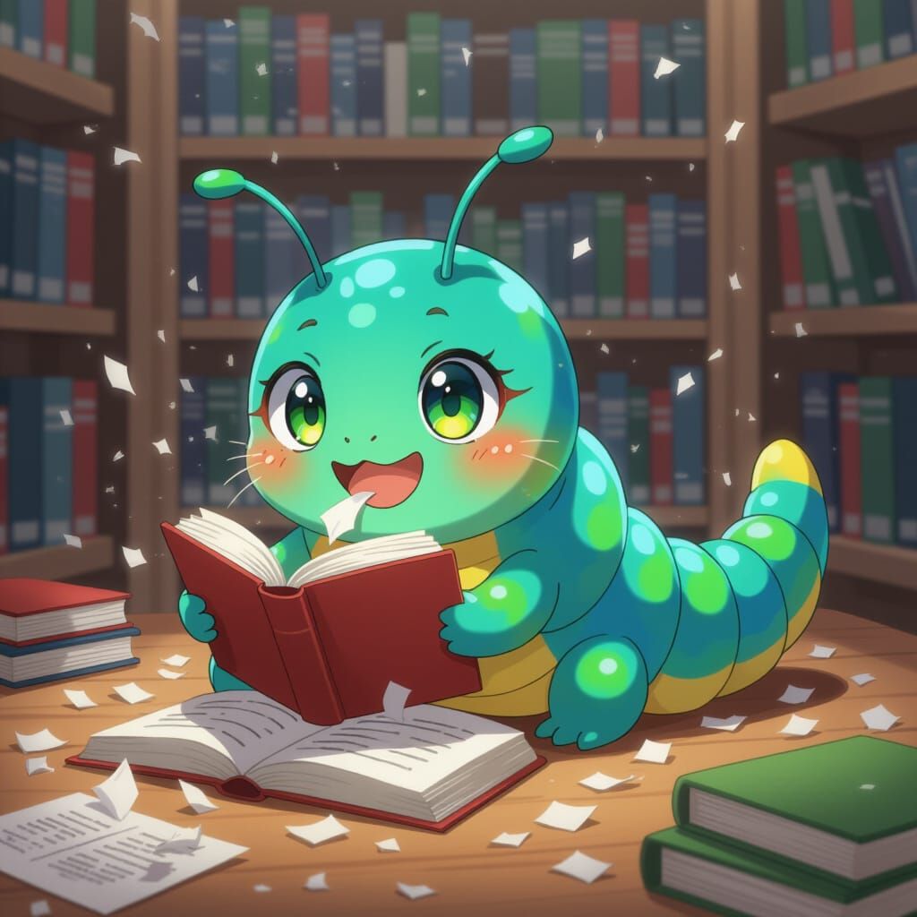 Anime Caterpillar Munching a Book in a Library