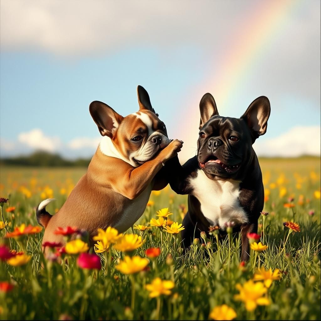 Playful French Bulldogs in Wildflower Field Under Rainbow