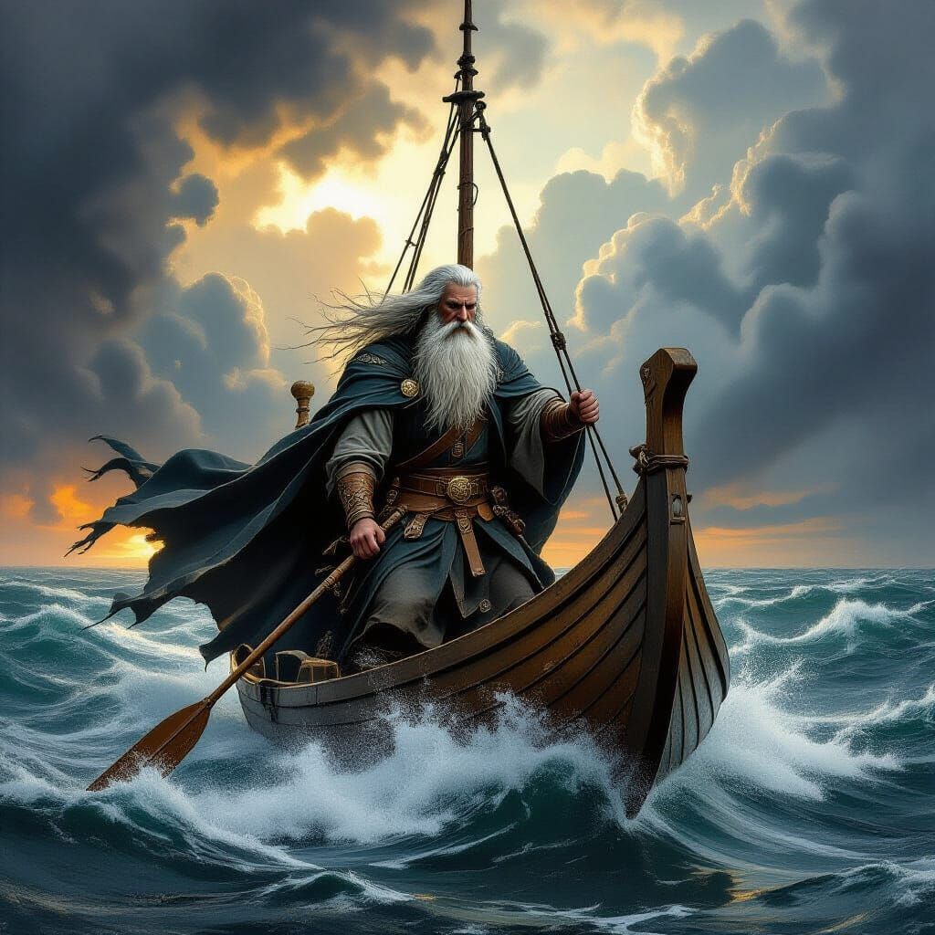 Wizard Navigates Stormy Sea in Dramatic Lighting