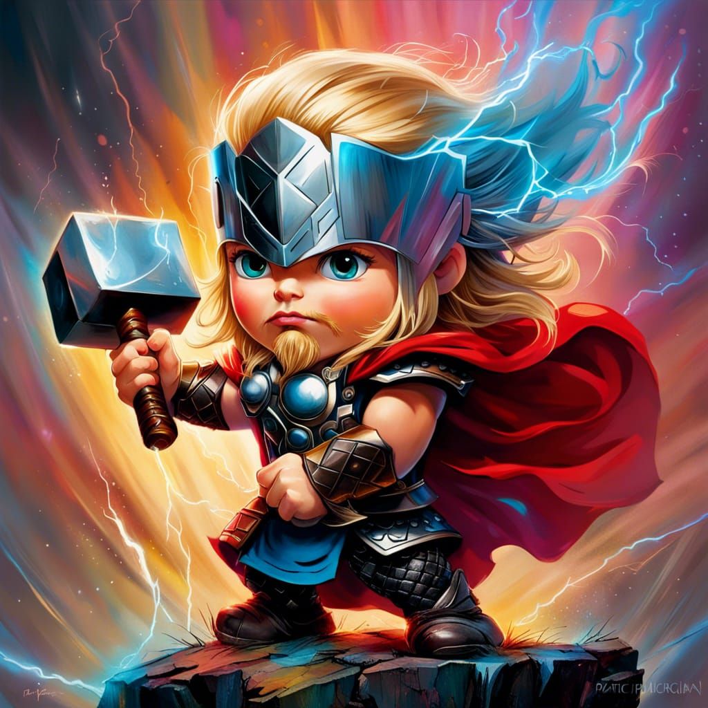 Heroic Chibi Thor Wielding Hammer in Electric Storm