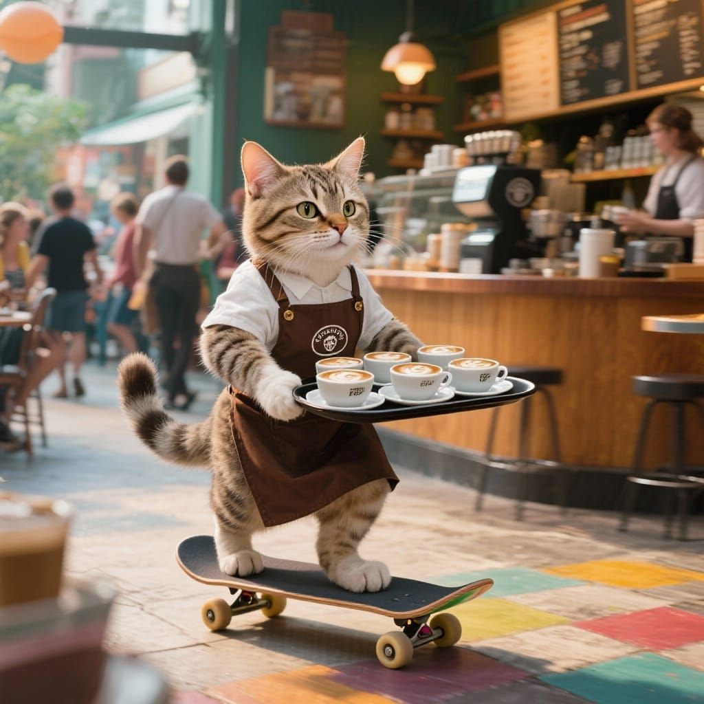 Cat Barista on Skateboard: Viral Meme Art