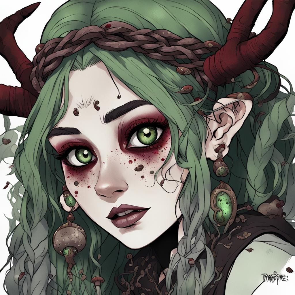 Swamp Witch Druid with Antlers in Anime Style