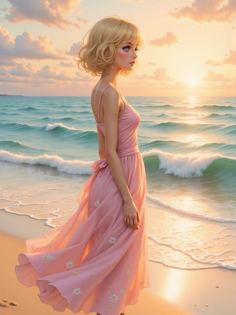 Young Woman in Whimsical Beach Scene with Soft Watercolor Co...