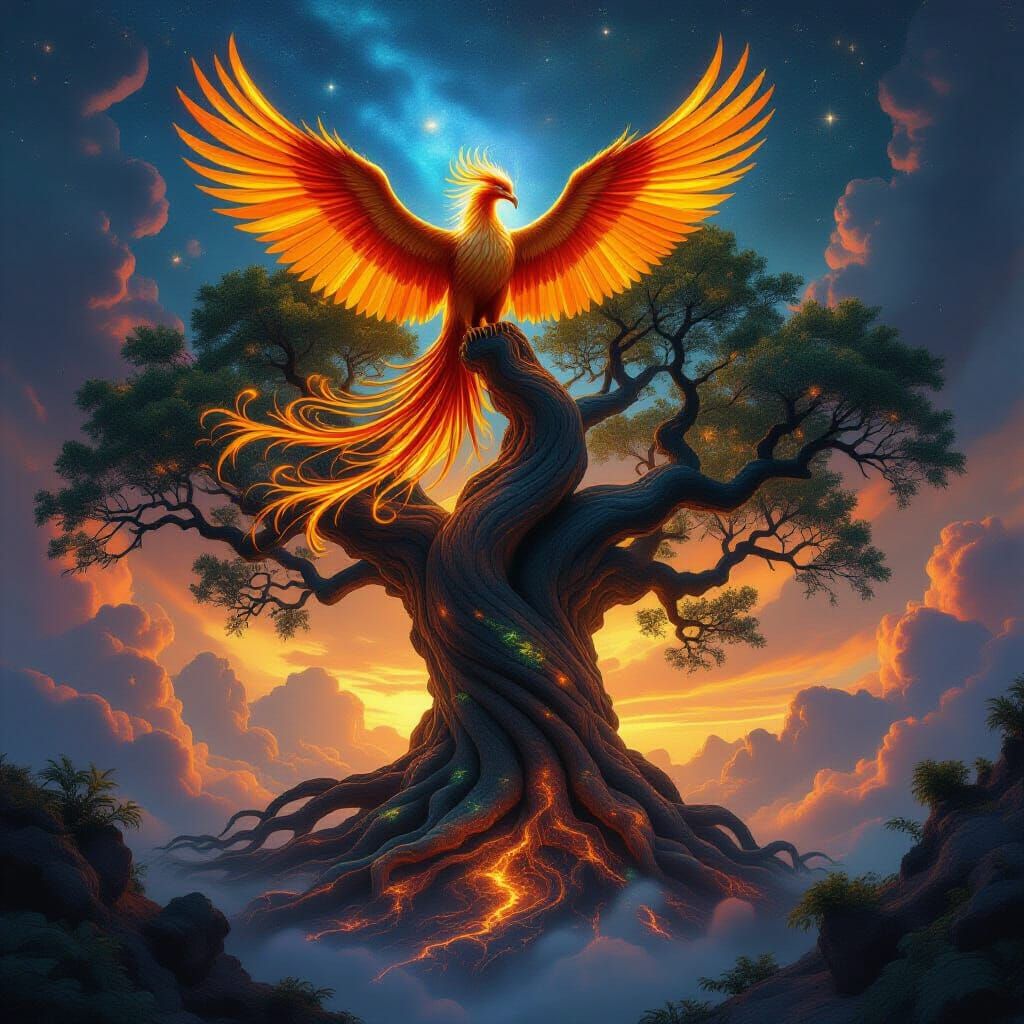 Majestic Phoenix on Cosmic Tree, Hyperrealistic Fantasy Art