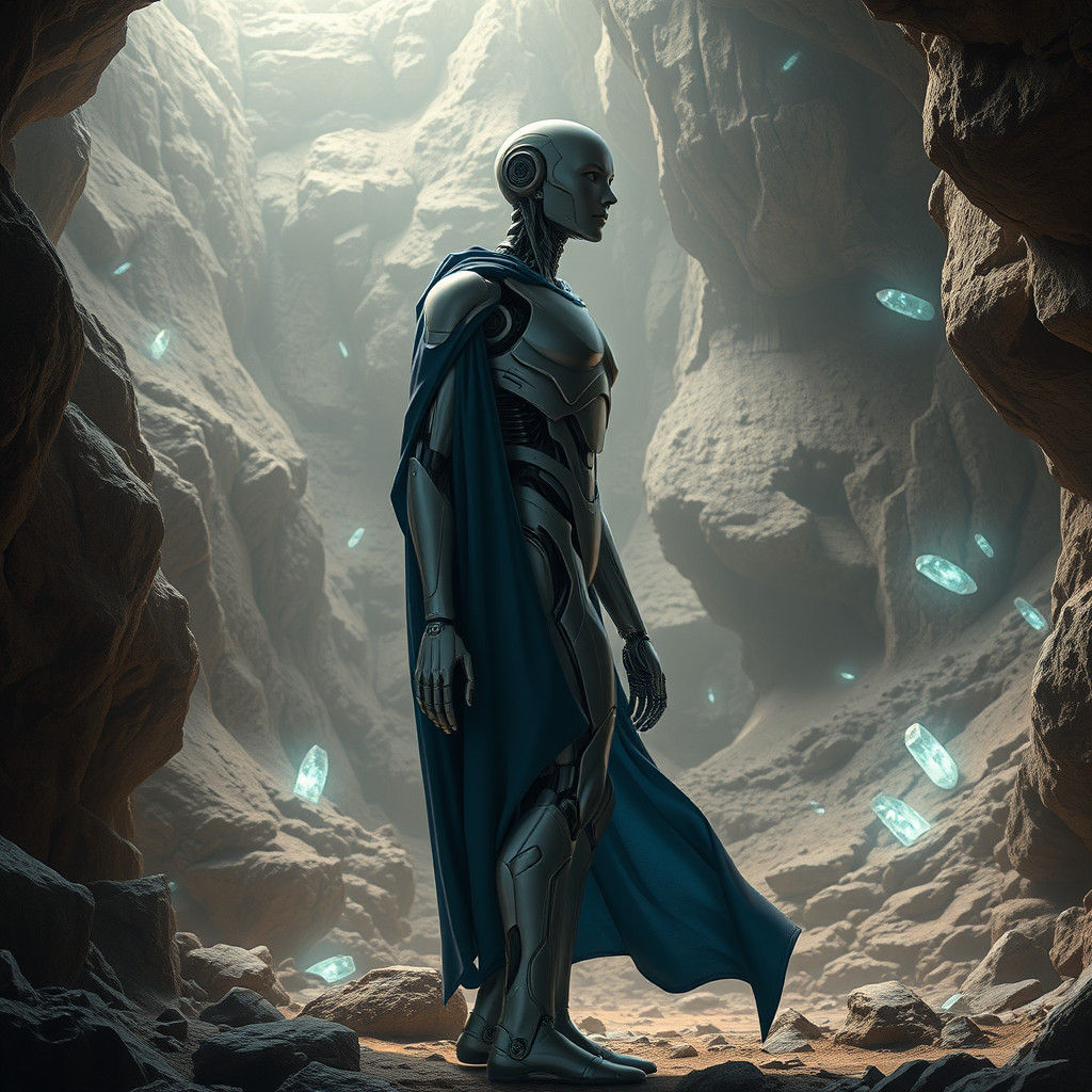 Humanoid Robot in Rocky Void, Sci-Fi Fantasy Art
