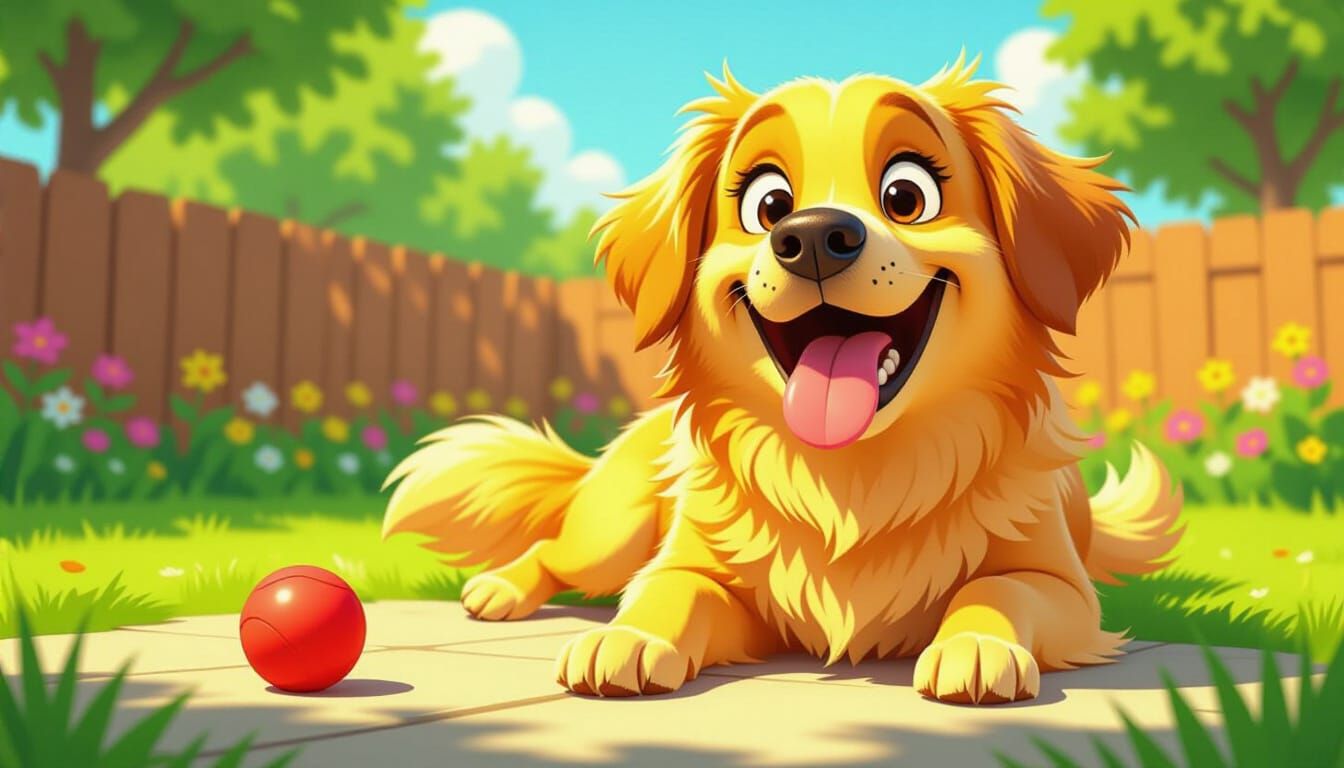 Happy Dog Caricature in Backyard with Exaggerated Smile