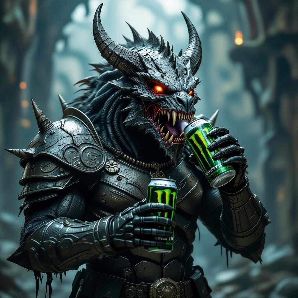 Armored Monster Drinking Energy Drink in Dark Fantasy Style