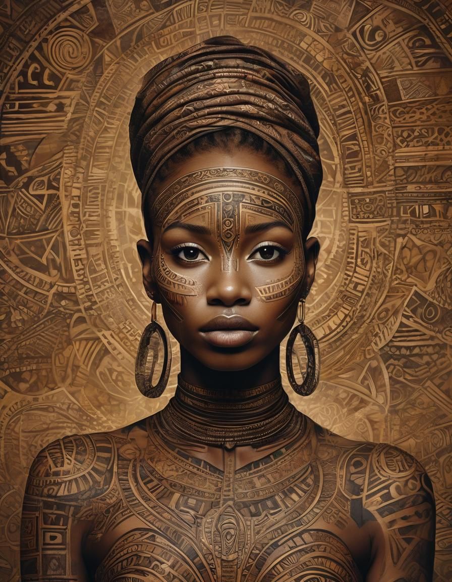 Ethnic Abstract Portrait of African Woman with Tattoos