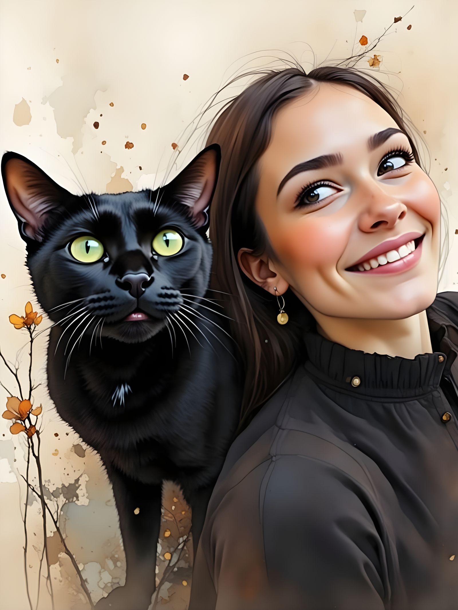 Elegant Woman and Whimsical Feline in Painterly Style